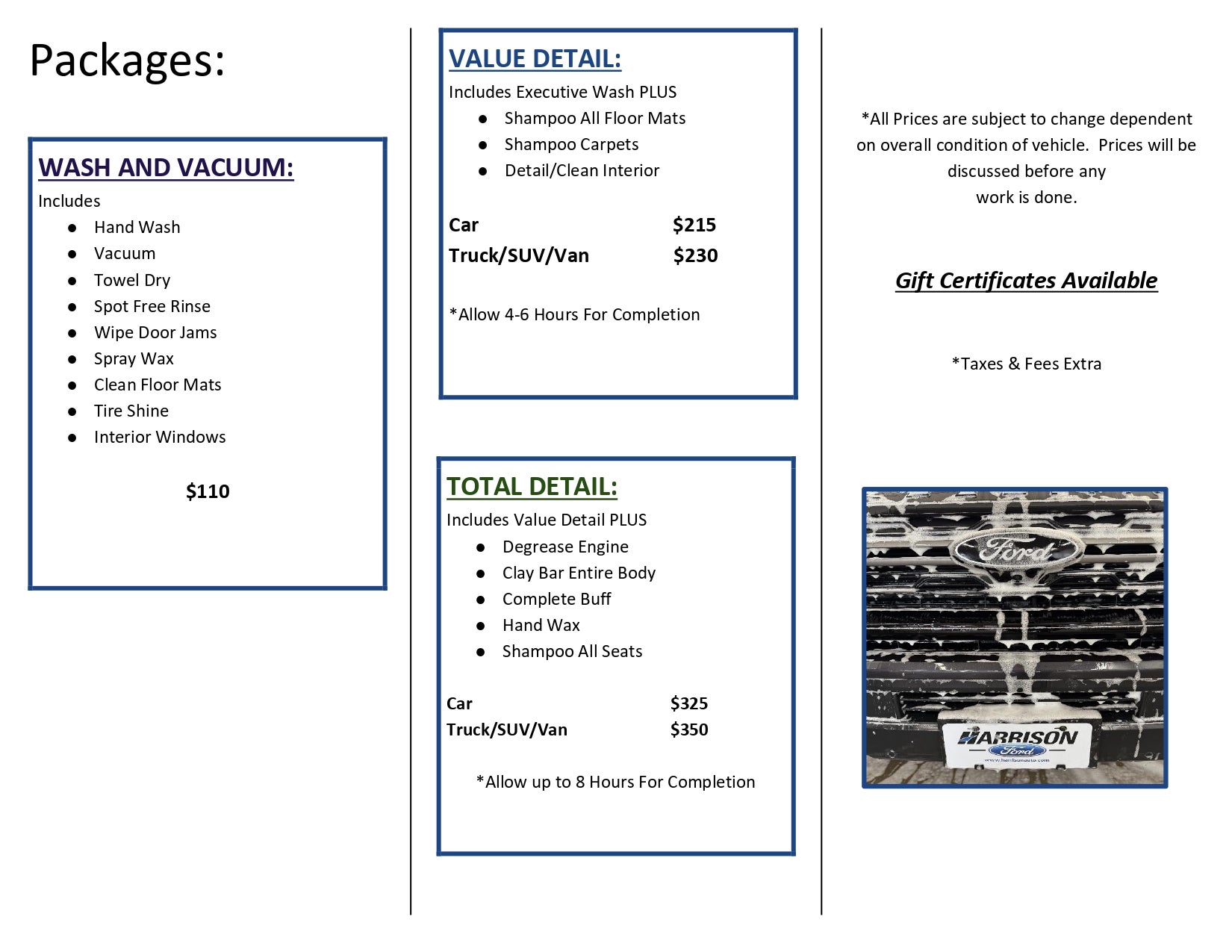 banner image of pricing for detailing at Harrison Ford